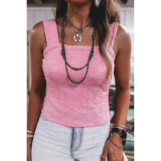 Adalyn Pink Western Jacquard Square Neck Slim Tank Top