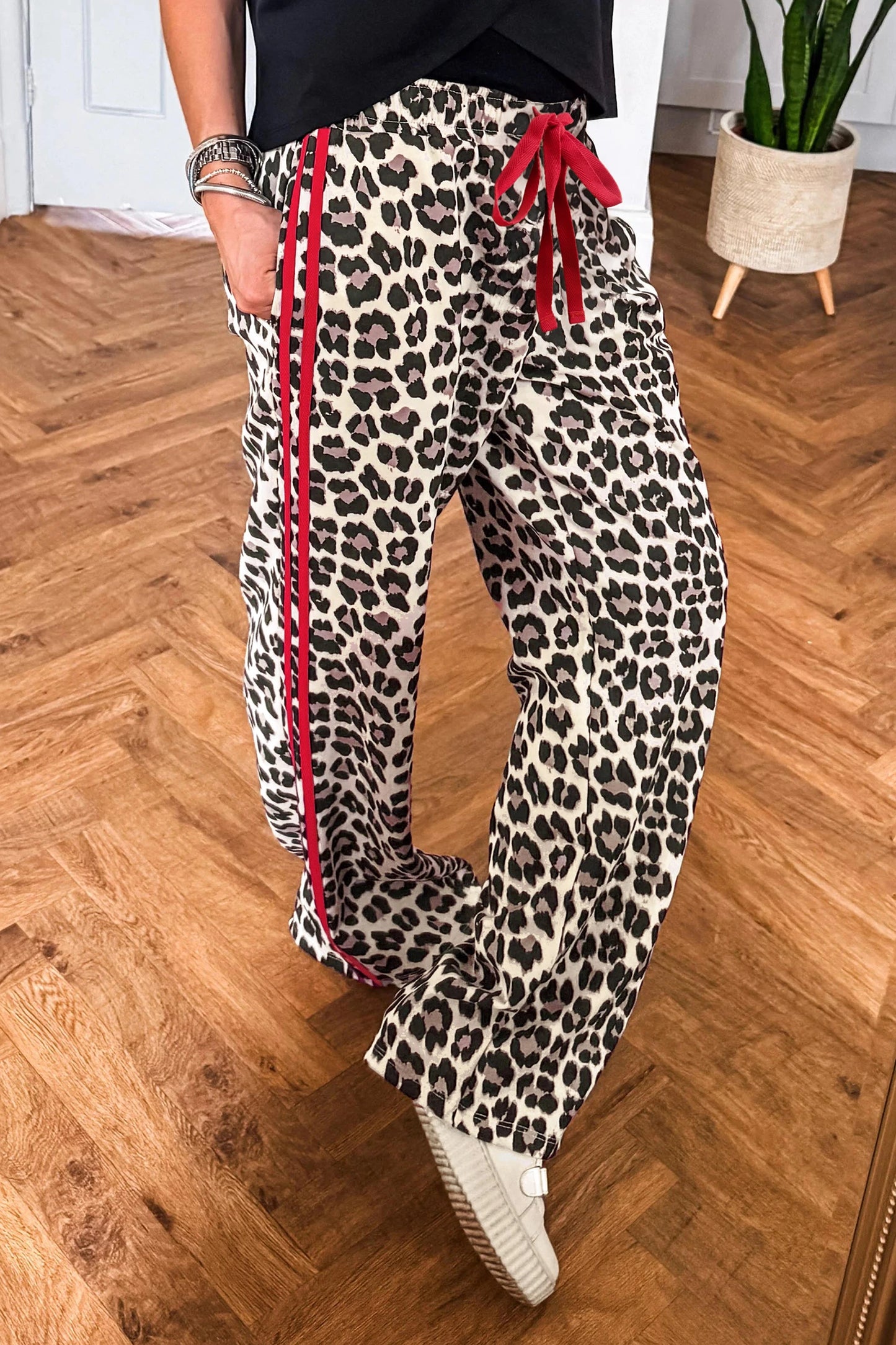 Addy Red Contrast Detail Tie Waist Leopard Print Casual Pants