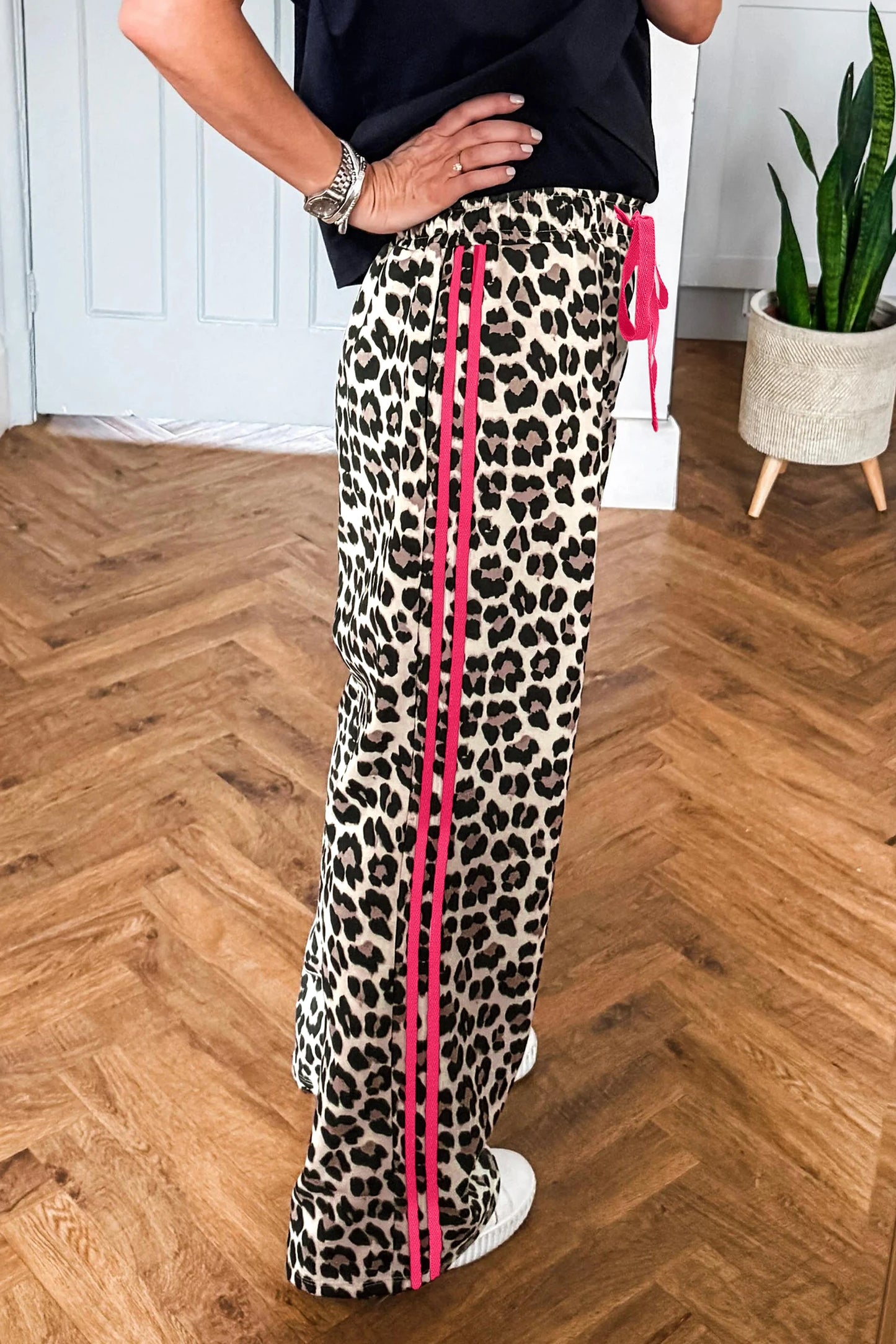 Addy Pink Contrast Detail Tie Waist Leopard Print Casual Pants