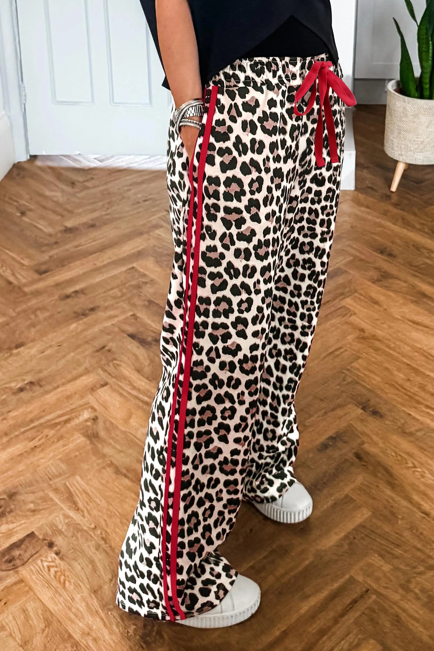 Addy Red Contrast Detail Tie Waist Leopard Print Casual Pants
