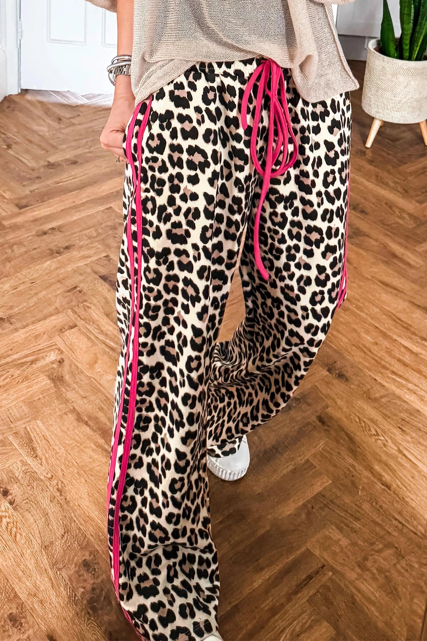 Addy Pink Contrast Detail Tie Waist Leopard Print Casual Pants