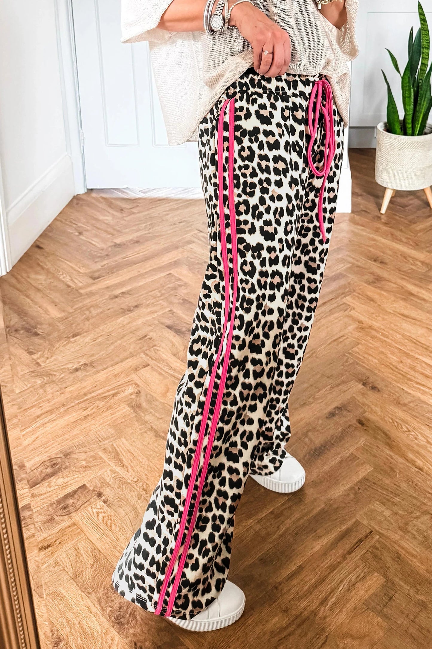 Addy Pink Contrast Detail Tie Waist Leopard Print Casual Pants