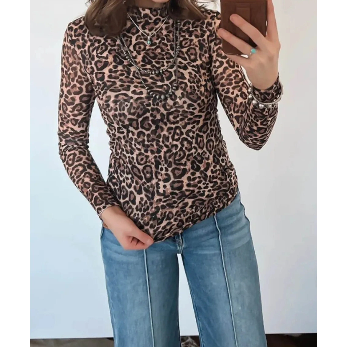 Adela Khaki Leopard High Neck Long Sleeve Western Slim Top