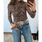 Adela Khaki Leopard High Neck Long Sleeve Western Slim Top