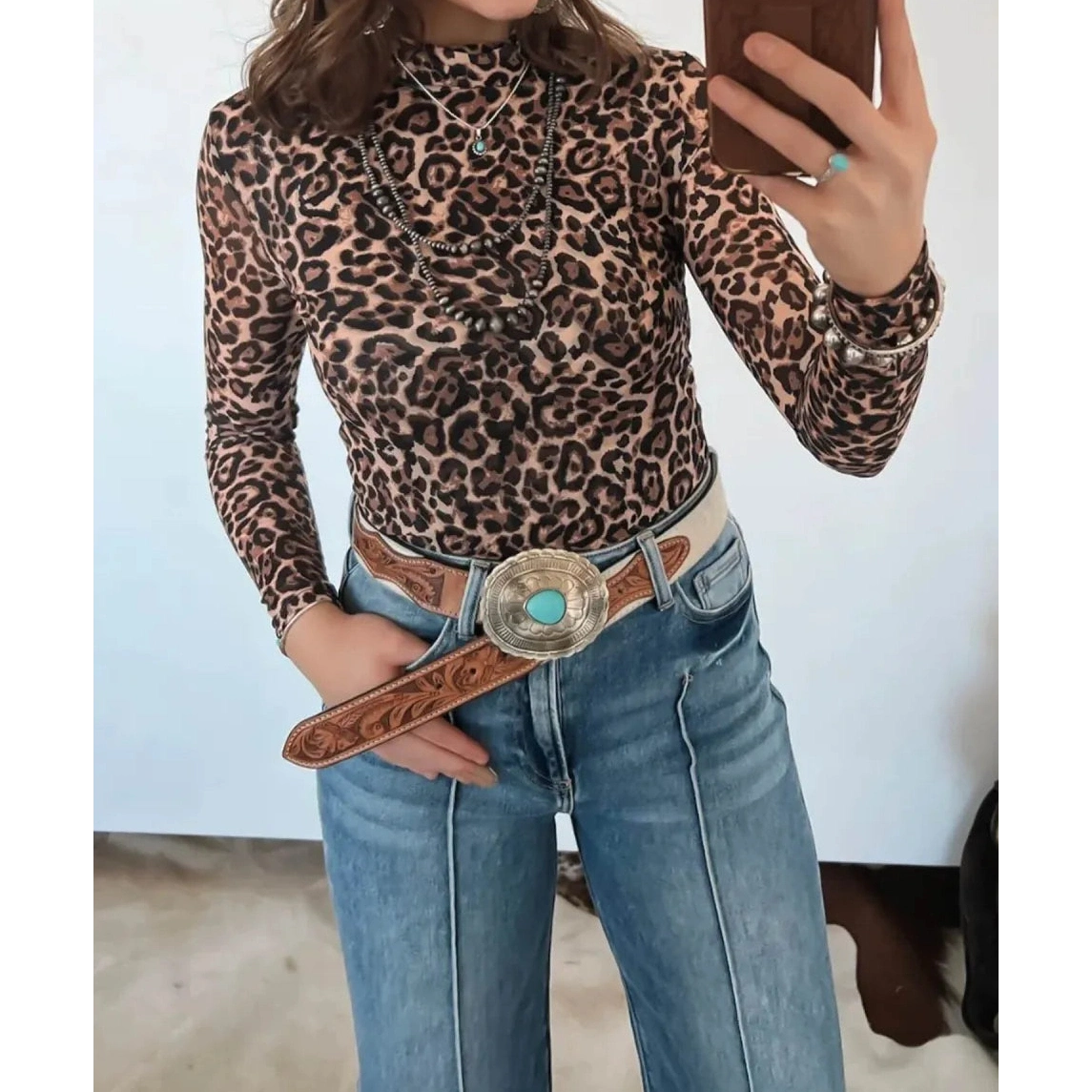 Adela Khaki Leopard High Neck Long Sleeve Western Slim Top