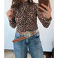 Adela Khaki Leopard High Neck Long Sleeve Western Slim Top