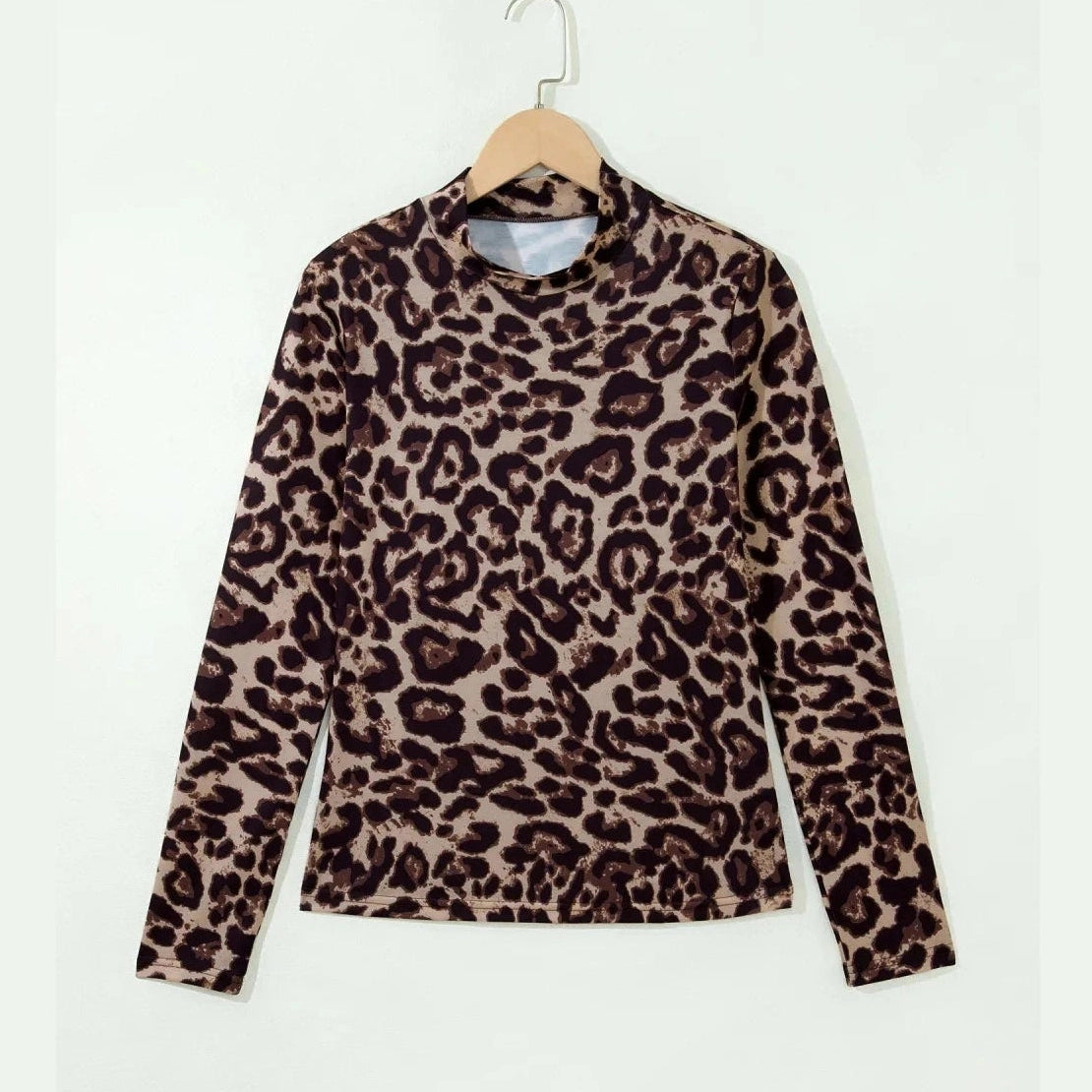 Adela Khaki Leopard High Neck Long Sleeve Western Slim Top