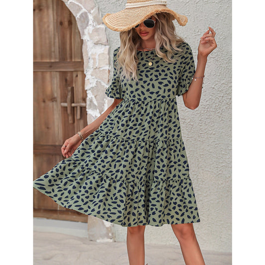 Adele Green Flounce Sleeve Ruffle Hem Dress