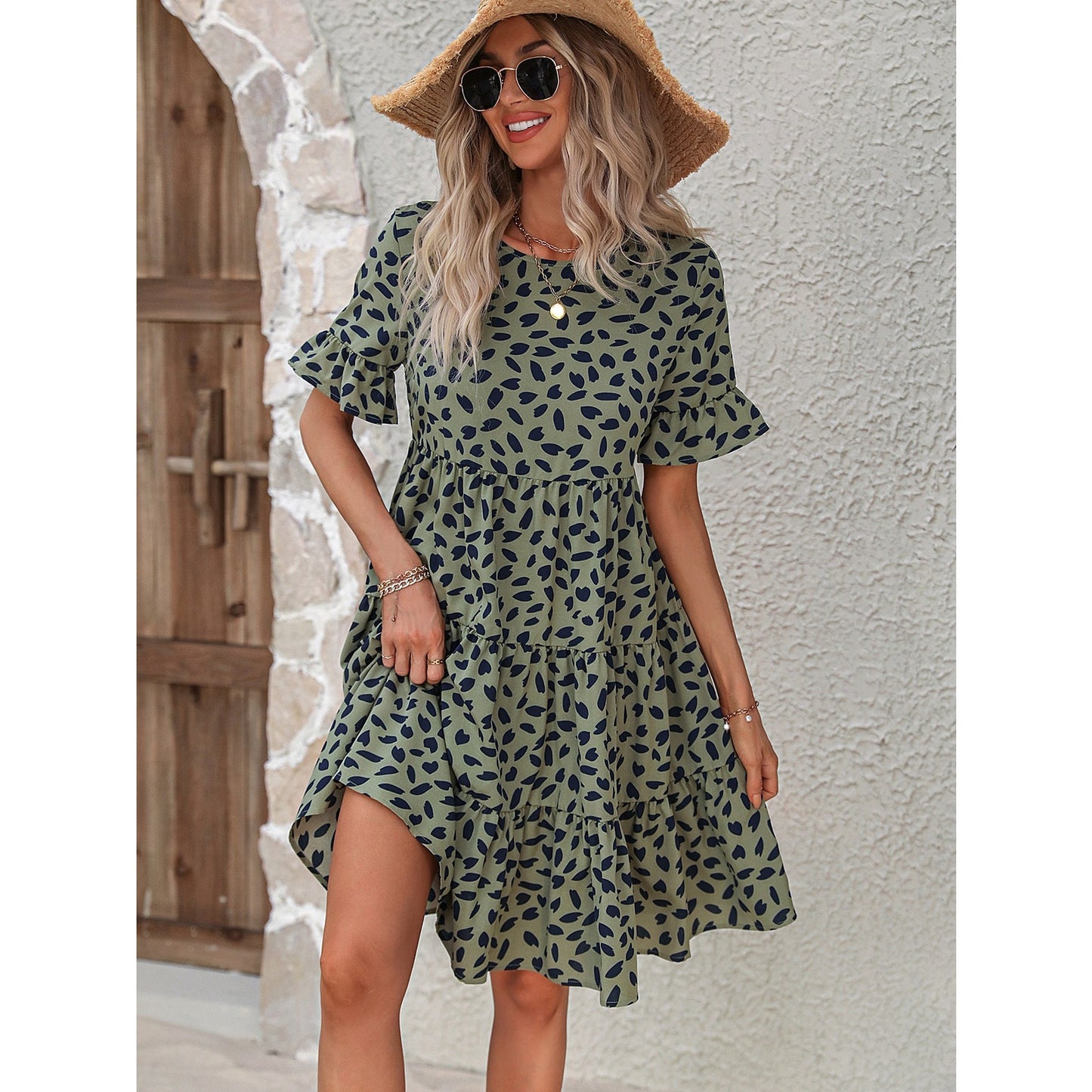 Adele Green Flounce Sleeve Ruffle Hem Dress