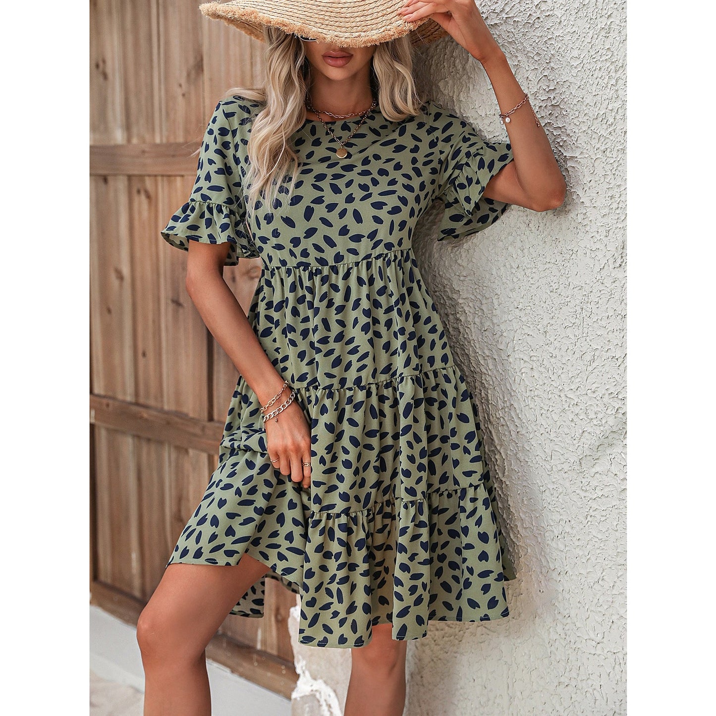 Adele Green Flounce Sleeve Ruffle Hem Dress