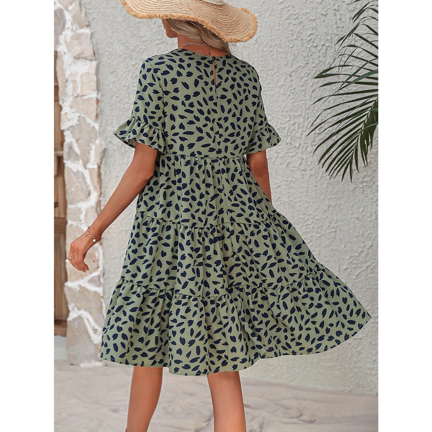 Adele Green Flounce Sleeve Ruffle Hem Dress