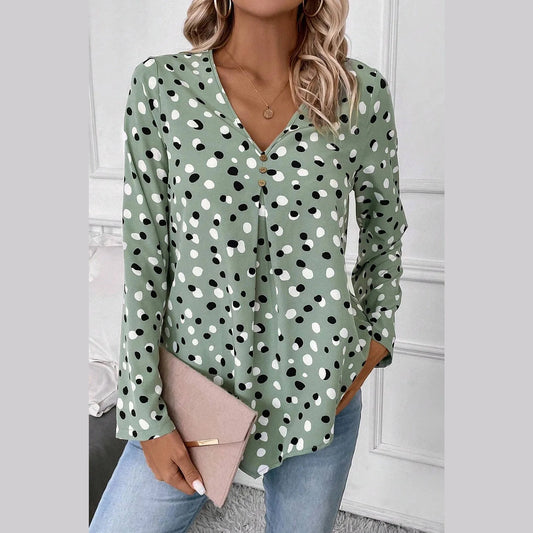 Adelynne Green Polka Dot Print Button Front V Neck Blouse