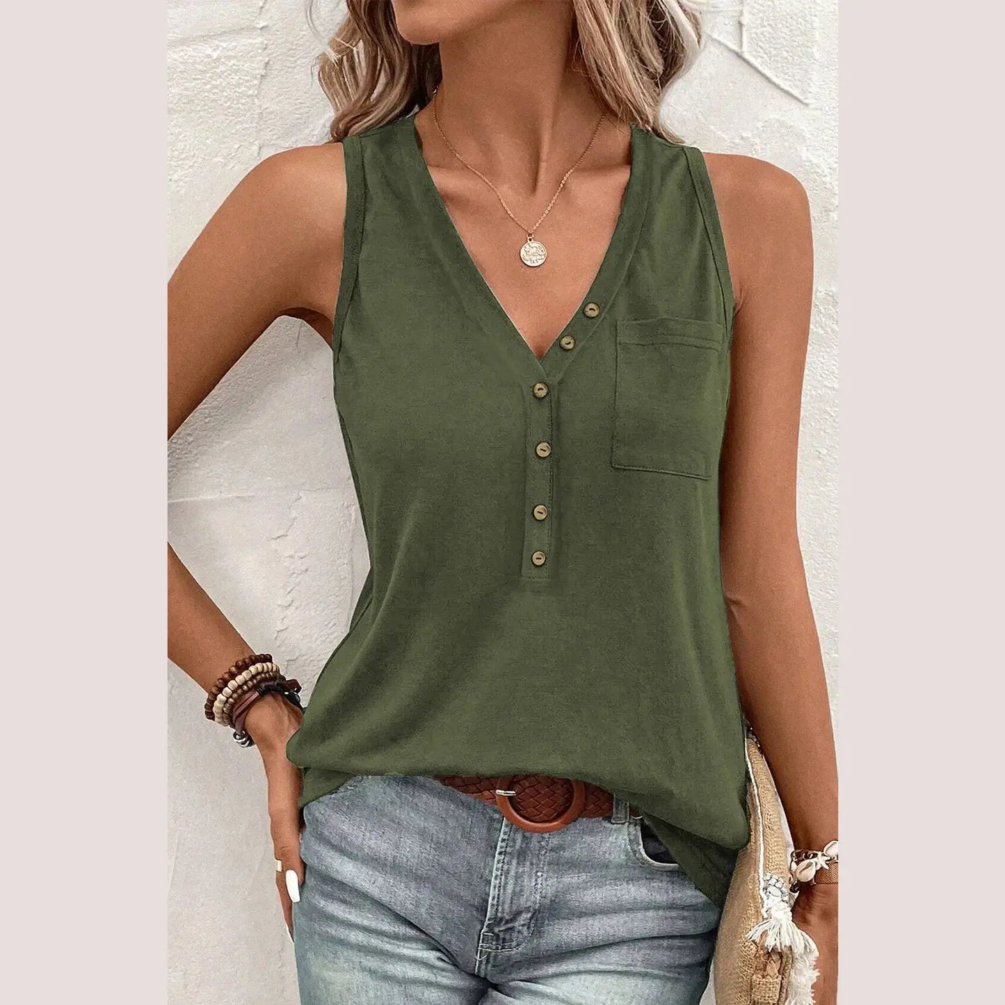 Adilynn Jungle Green Half Button V Neck Patched Pocket Tank Top