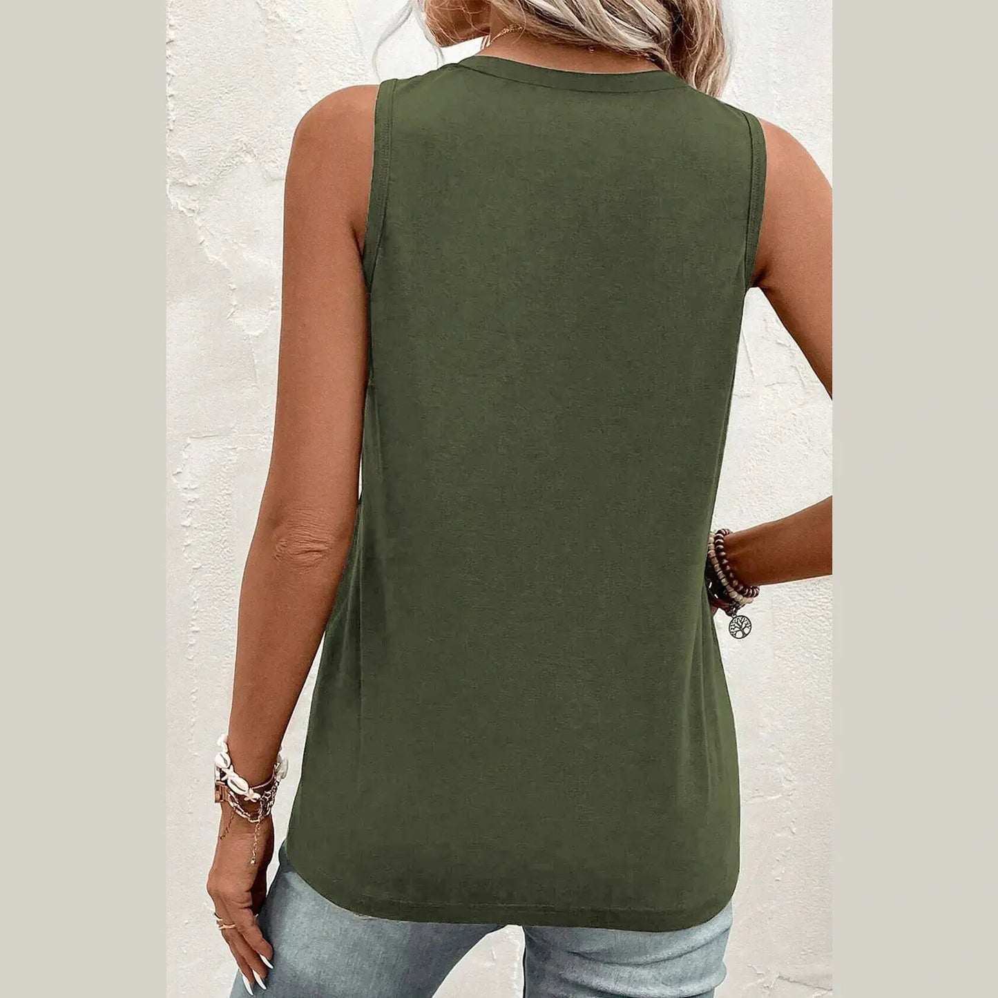 Adilynn Jungle Green Half Button V Neck Patched Pocket Tank Top