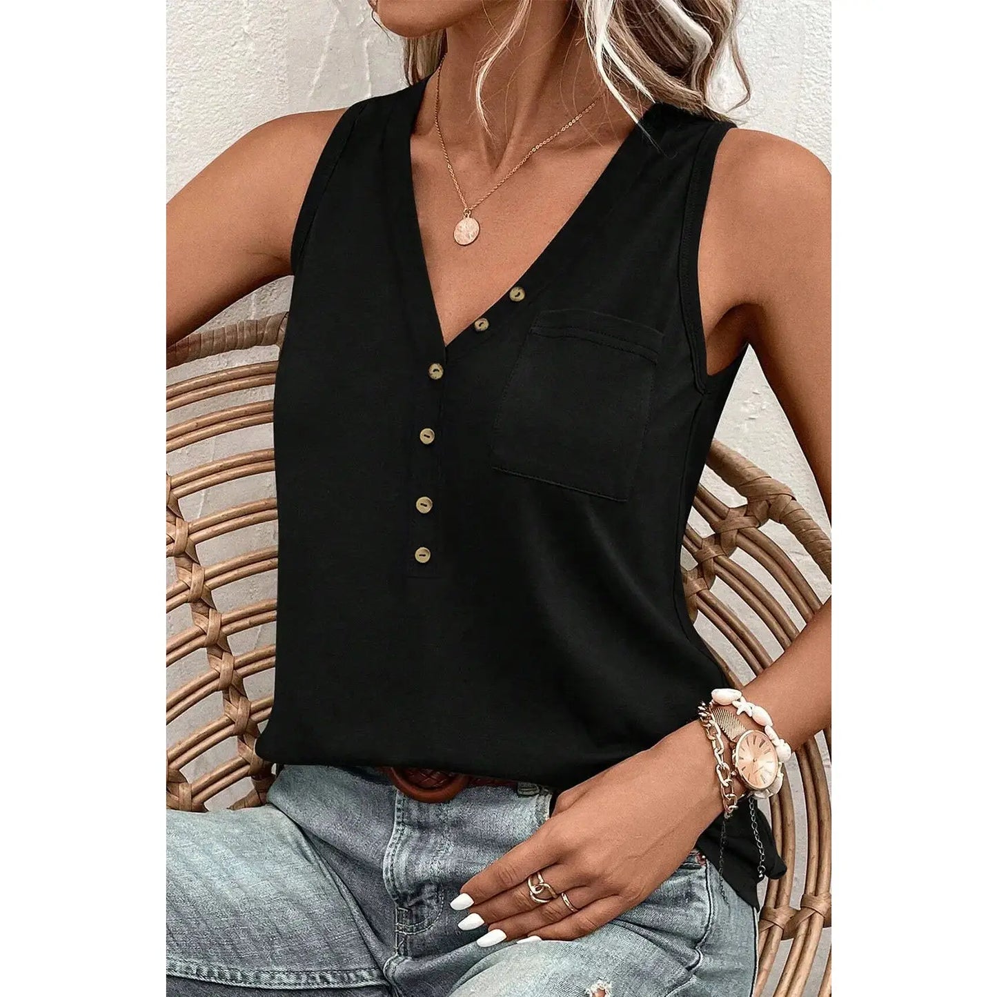 Adilynn Black  Half Button V Neck Patched Pocket Tank Top