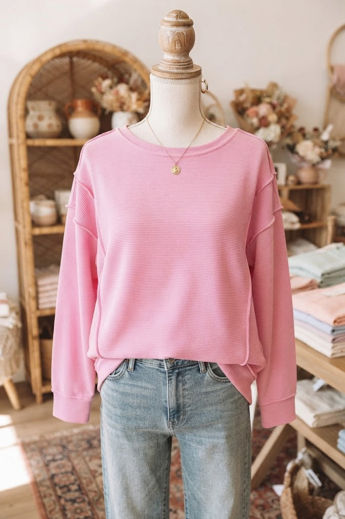 SALE!!!  Maureen Pink Horizontal Ribbed Exposed Seam Detail Drop Shoulder Baggy Pullover