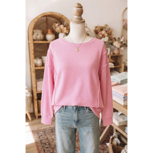 SALE!!!  Maureen Pink Horizontal Ribbed Exposed Seam Detail Drop Shoulder Baggy Pullover