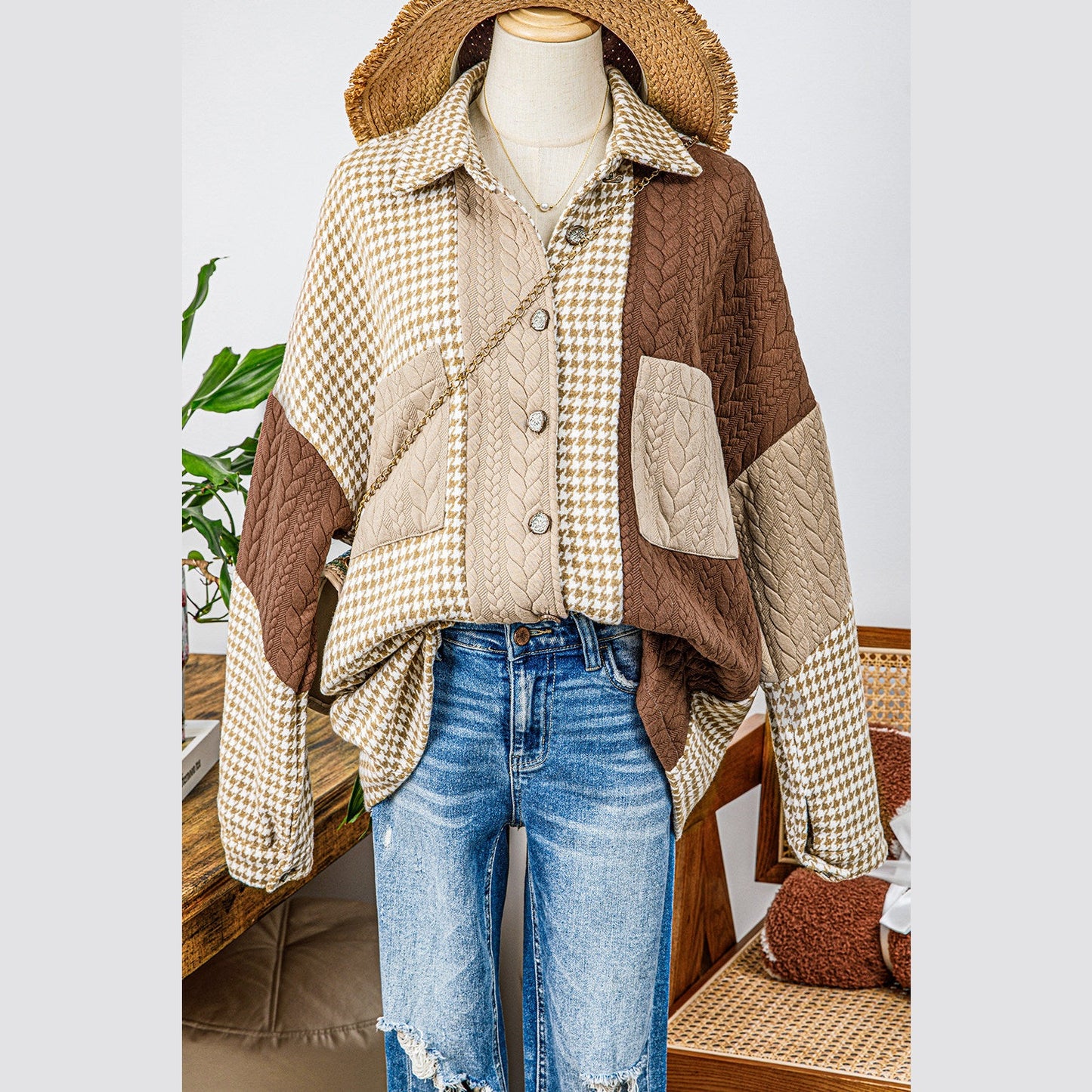 Ava Grace Khaki Houndstooth Color Contrast Textured Patchwork Loose Shacket