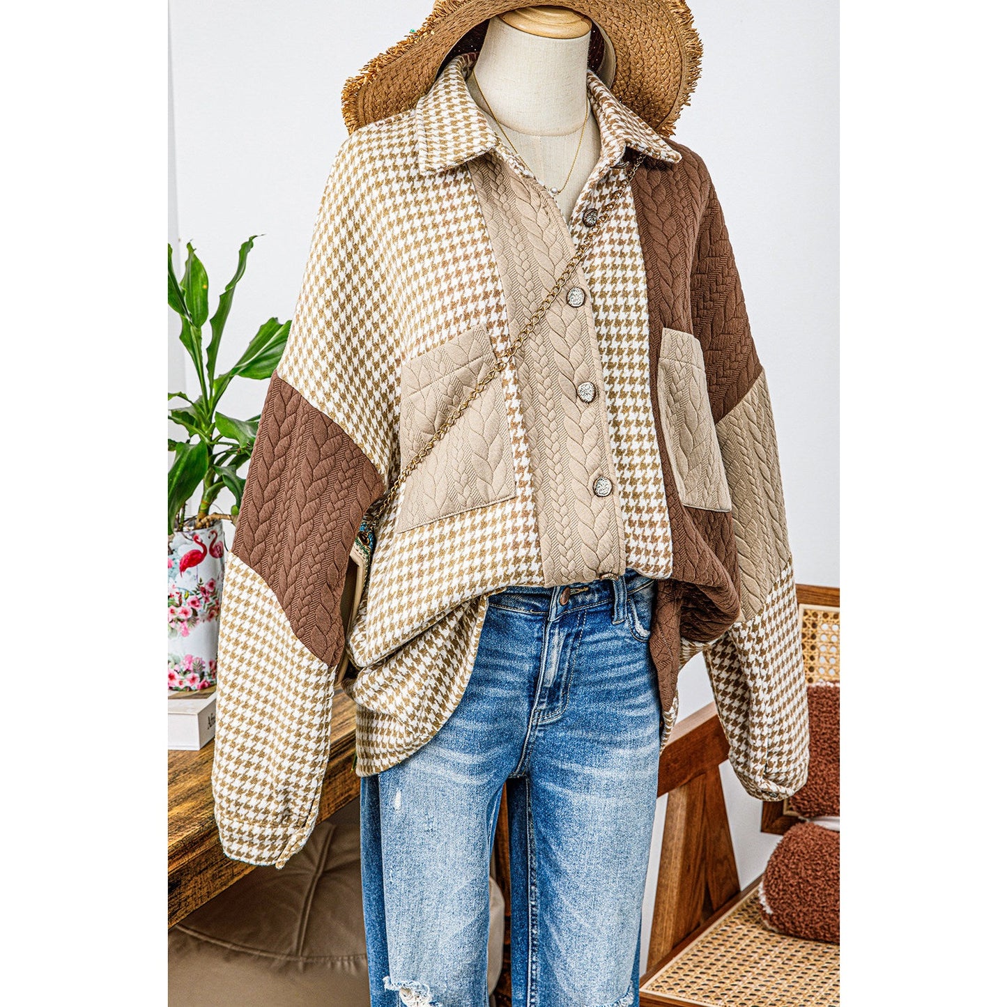 Ava Grace Khaki Houndstooth Color Contrast Textured Patchwork Loose Shacket