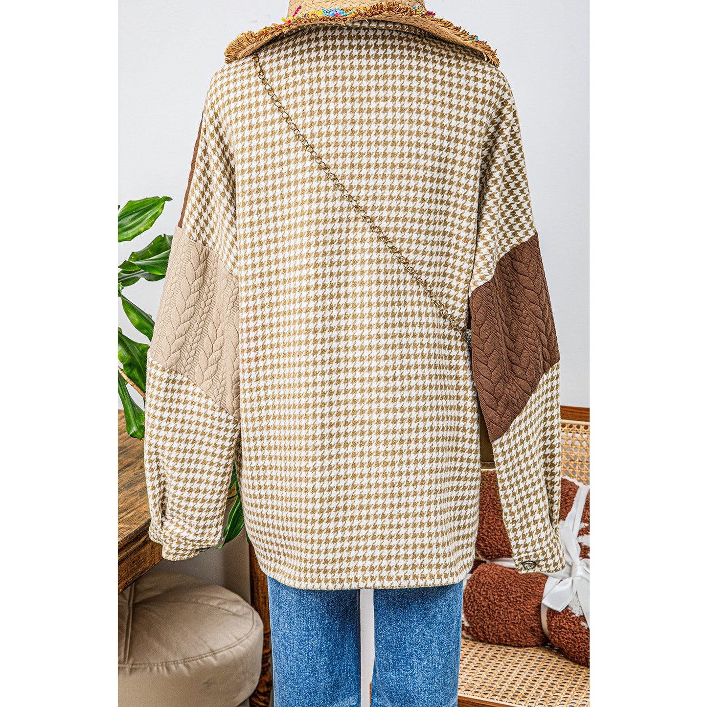 Ava Grace Khaki Houndstooth Color Contrast Textured Patchwork Loose Shacket