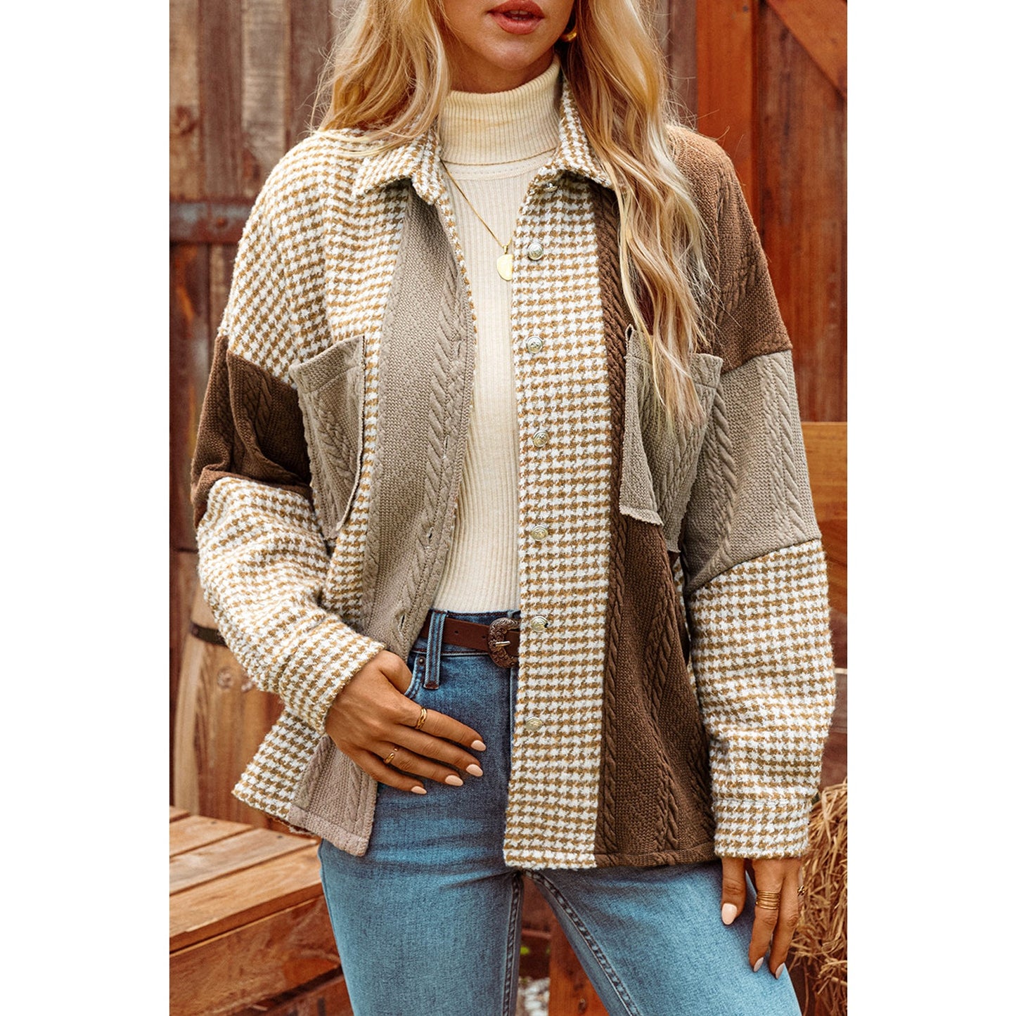 Ava Grace Khaki Houndstooth Color Contrast Textured Patchwork Loose Shacket