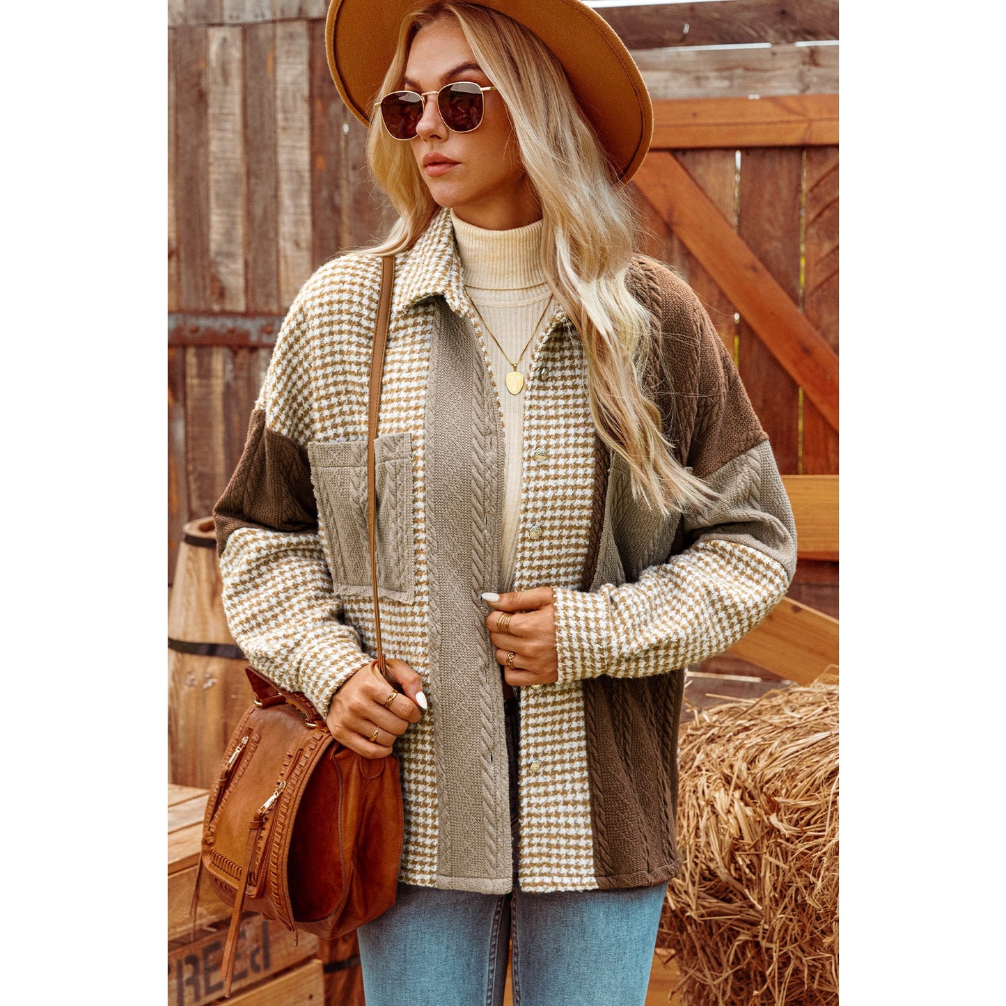 Ava Grace Khaki Houndstooth Color Contrast Textured Patchwork Loose Shacket