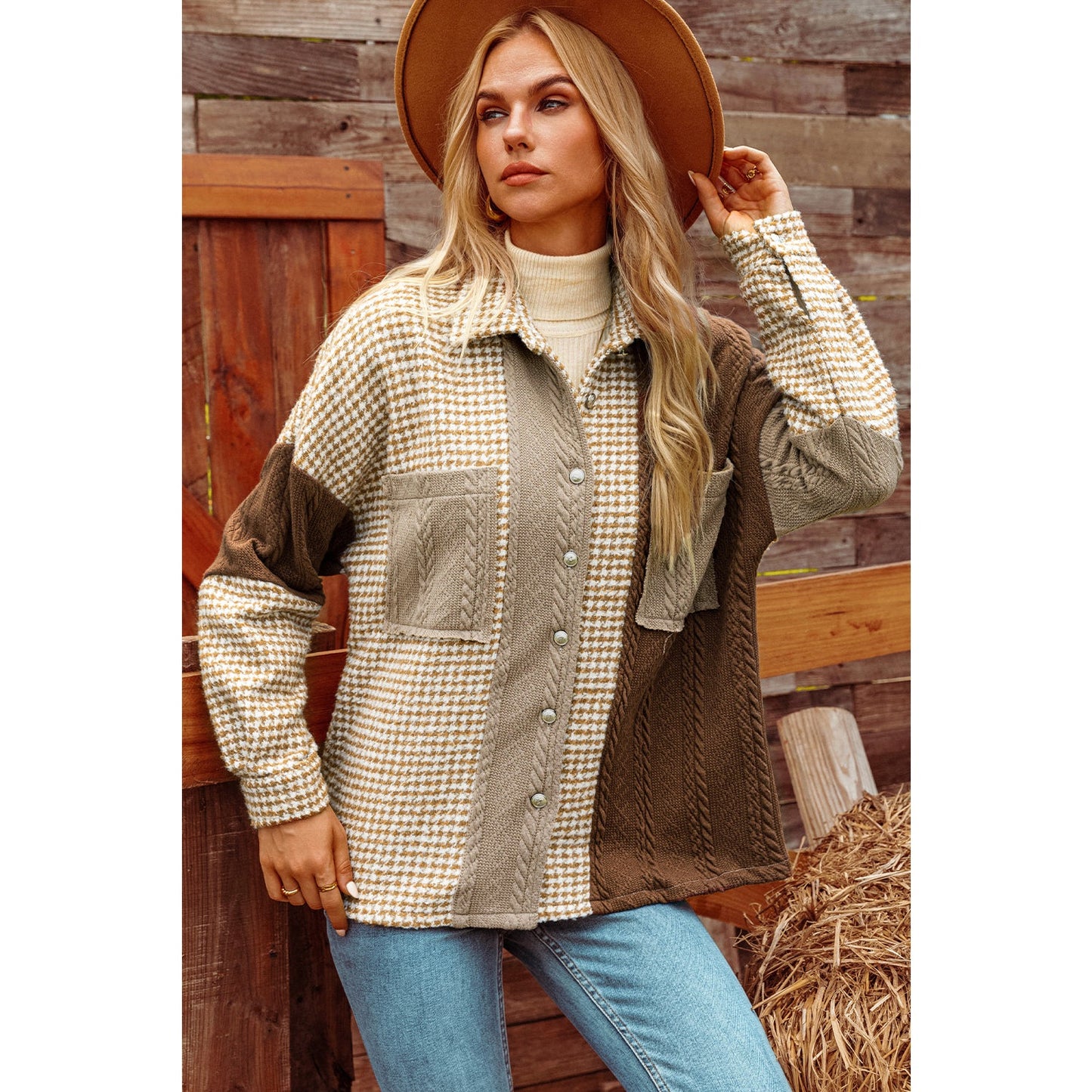 Ava Grace Khaki Houndstooth Color Contrast Textured Patchwork Loose Shacket