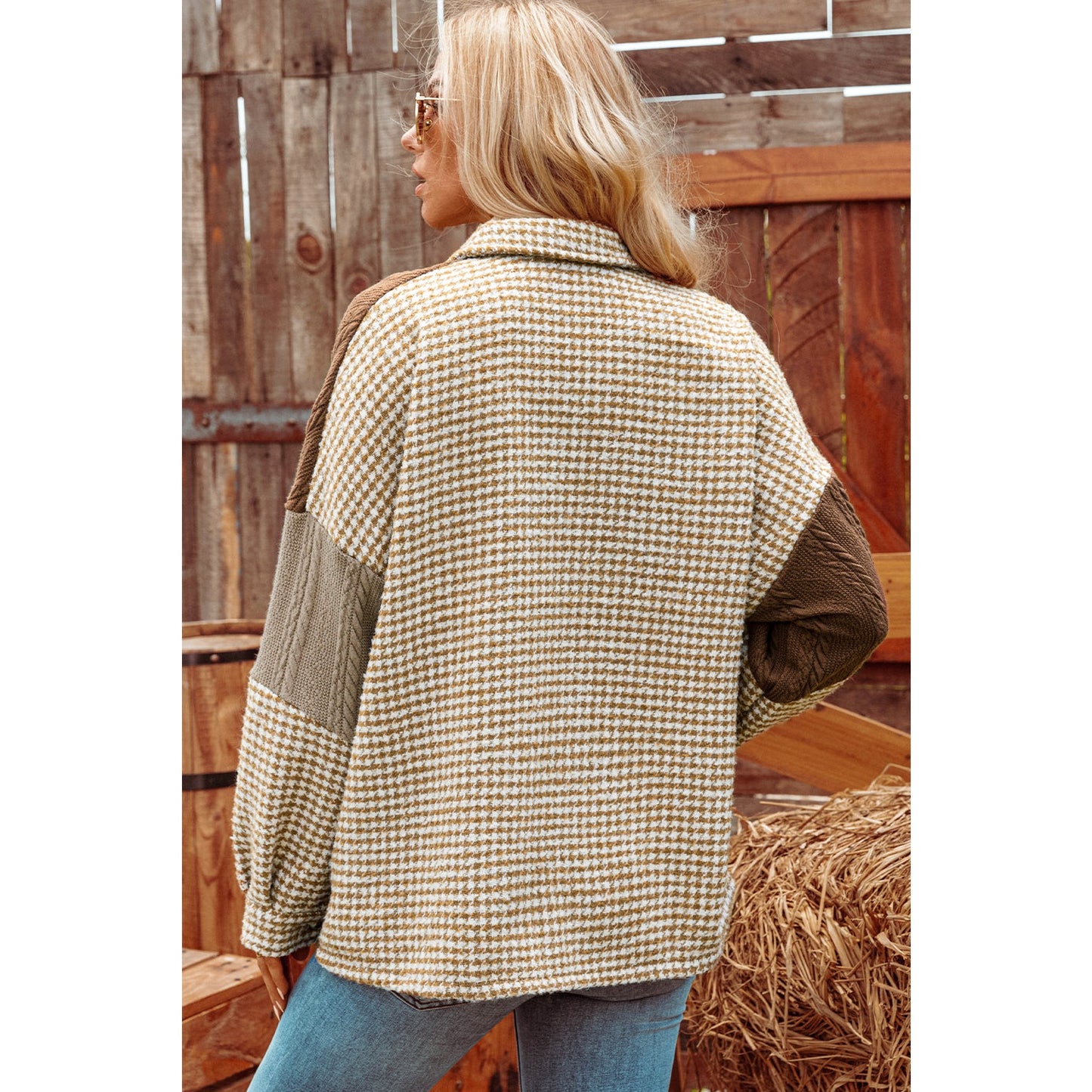Ava Grace Khaki Houndstooth Color Contrast Textured Patchwork Loose Shacket