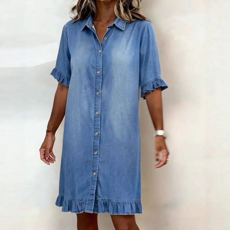 Agatha Chambray Button Up Ruffle Dress