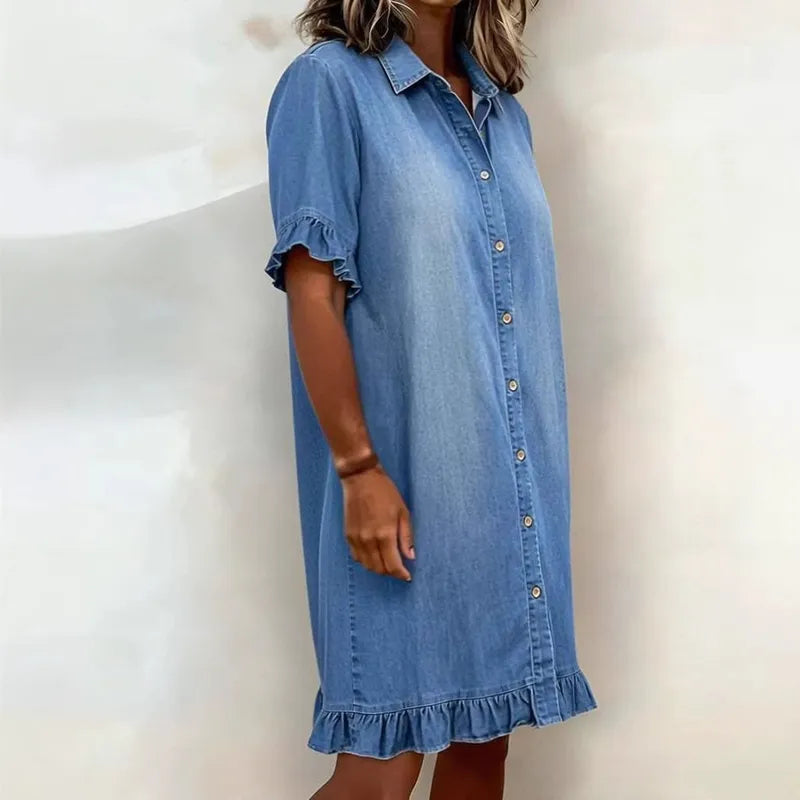 Agatha Chambray Button Up Ruffle Dress