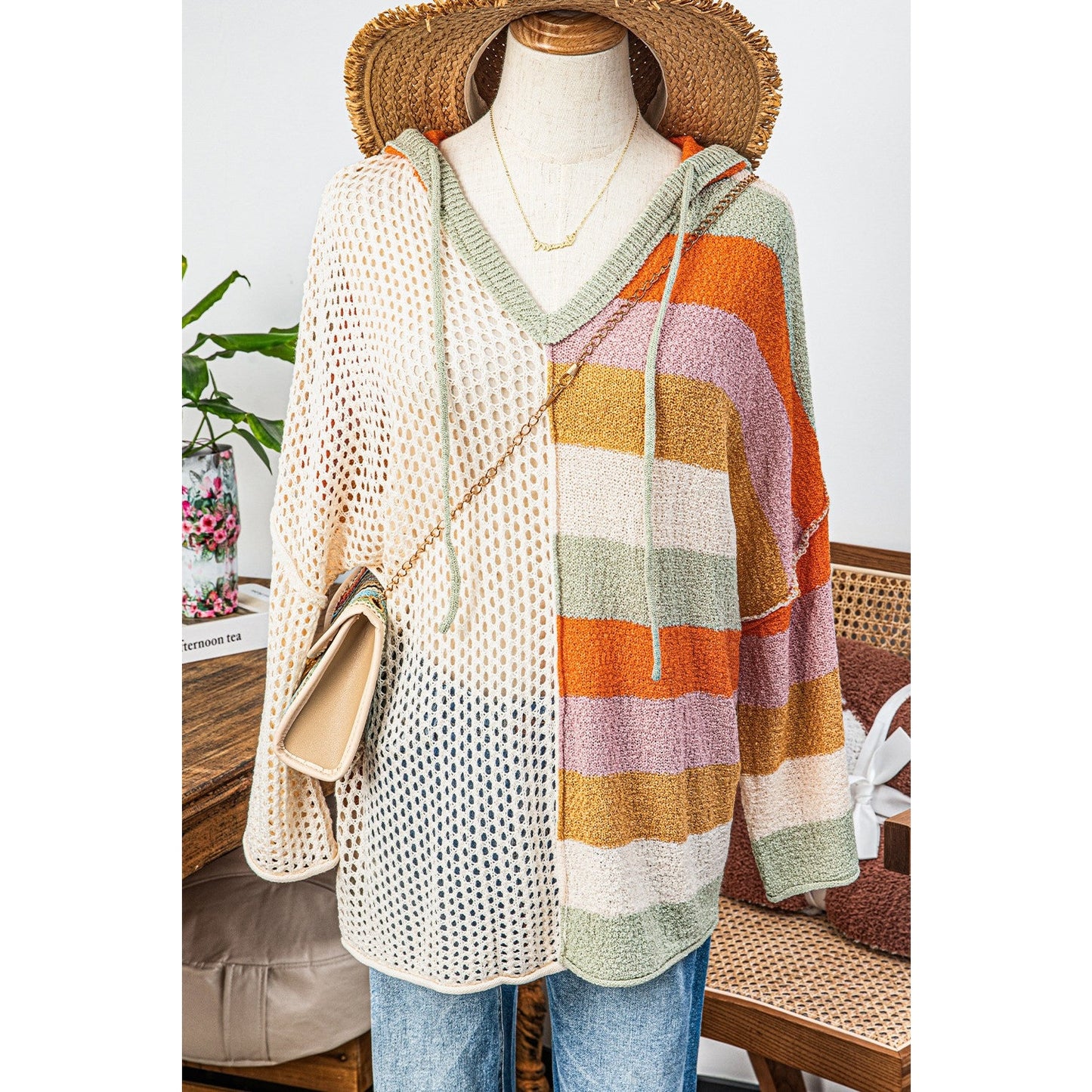 Agnese Beige Oversized Colorblock V Neck Hooded Sweater