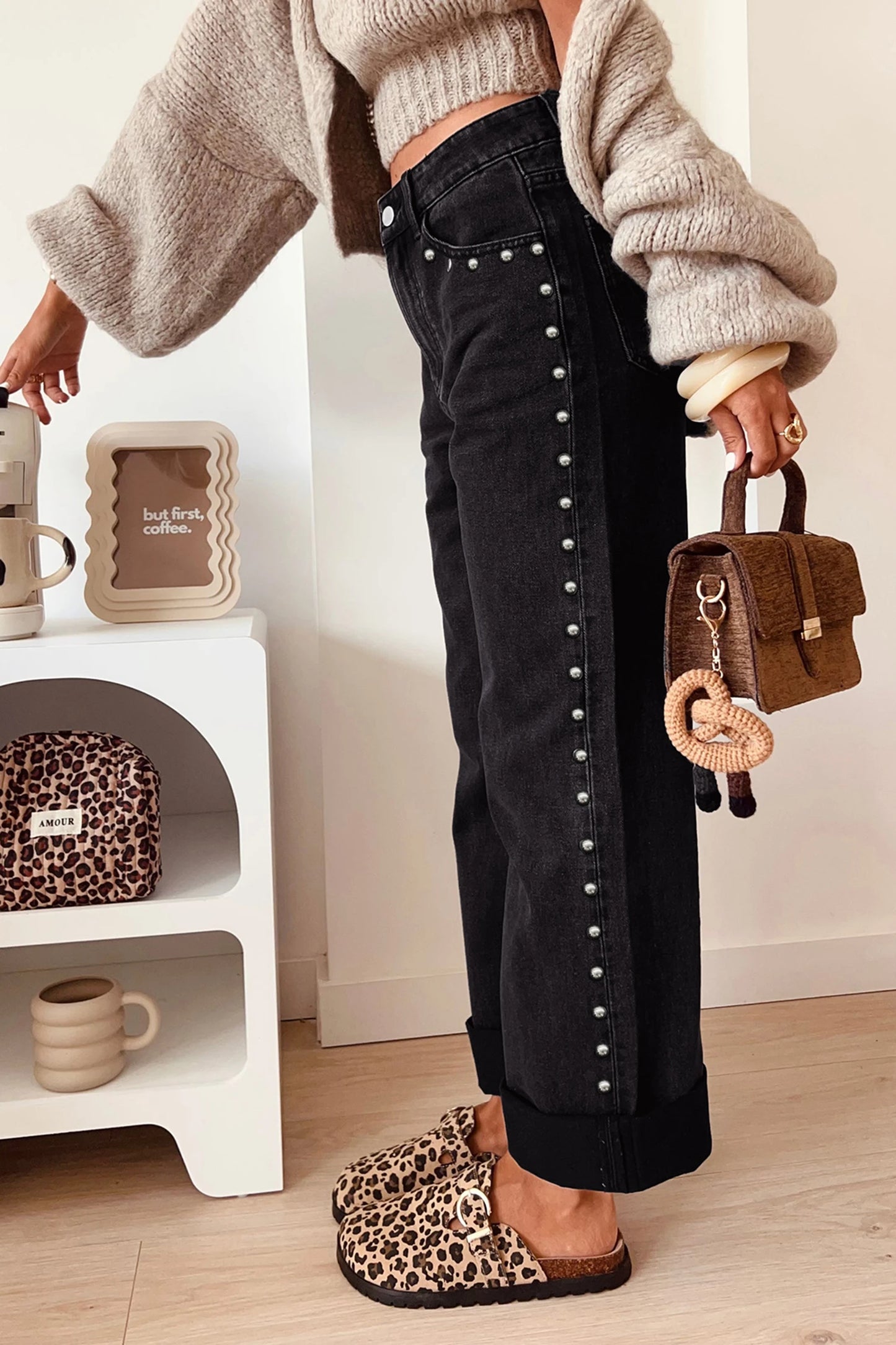 Aiden Black Studded Detail Straight Leg Casual Loose Jeans