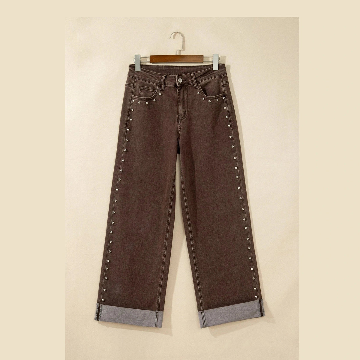 Aiden Coffee Studded Detail Straight Leg Casual Loose Jeans