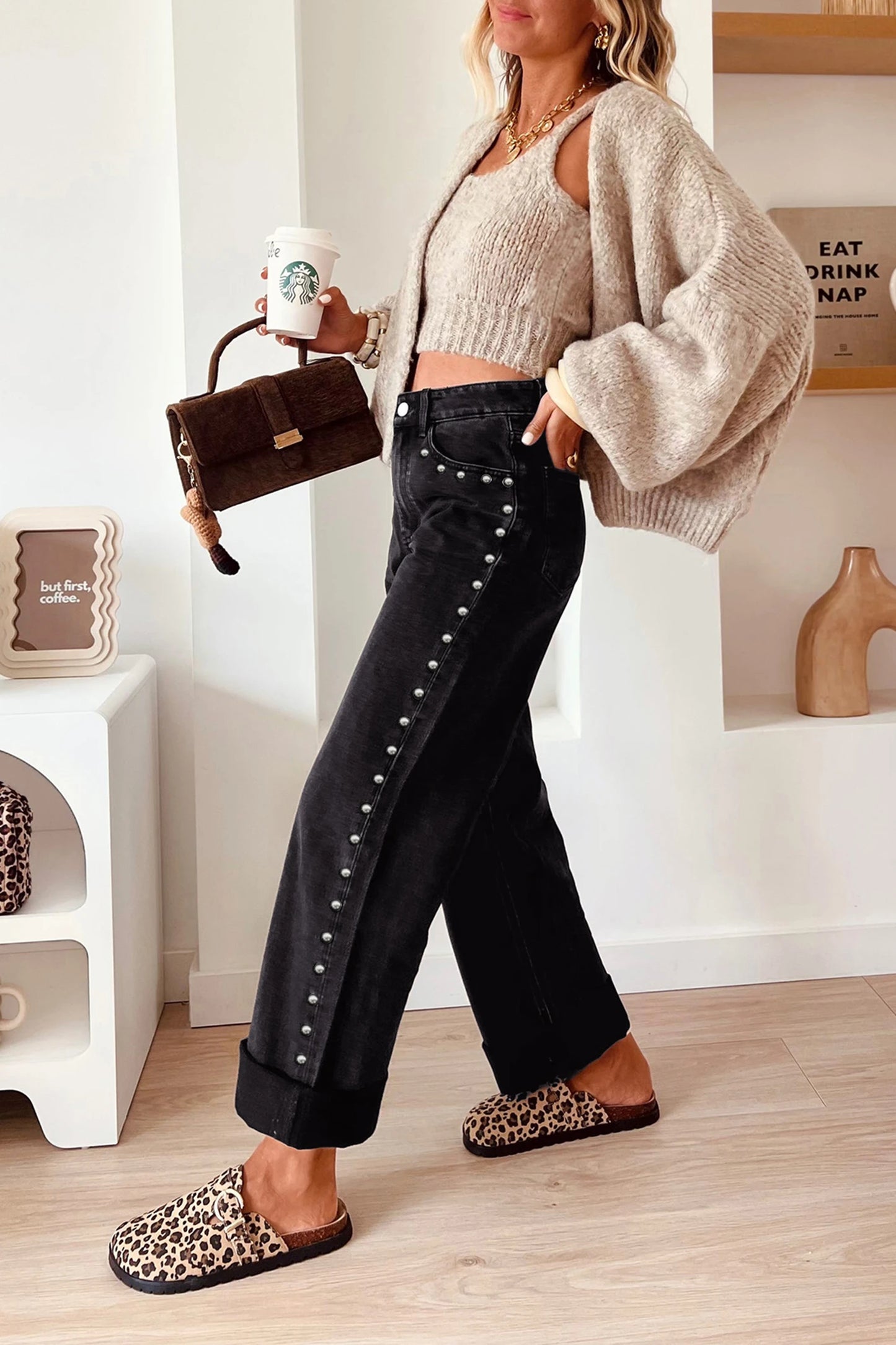 Aiden Black Studded Detail Straight Leg Casual Loose Jeans