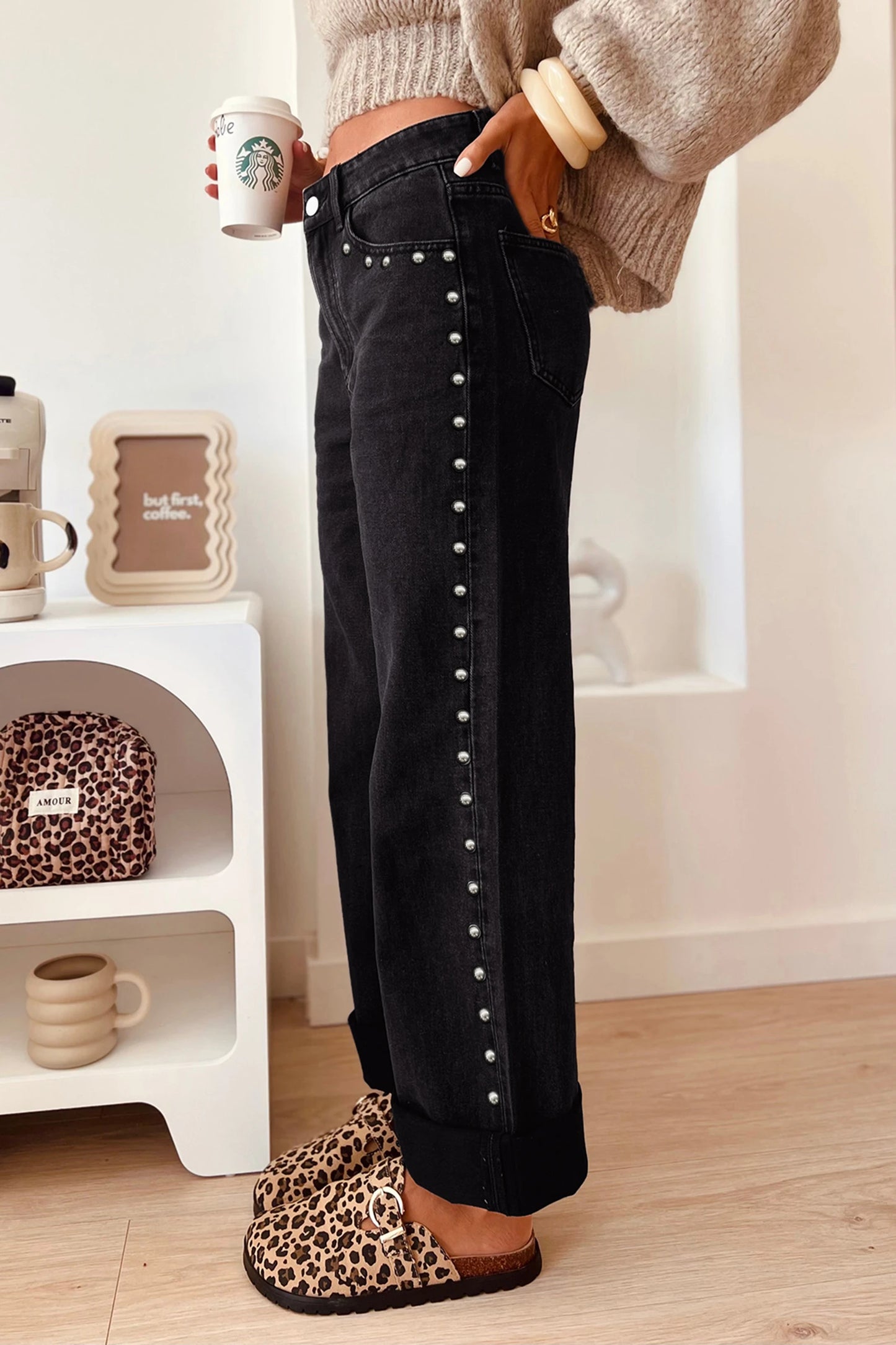 Aiden Black Studded Detail Straight Leg Casual Loose Jeans