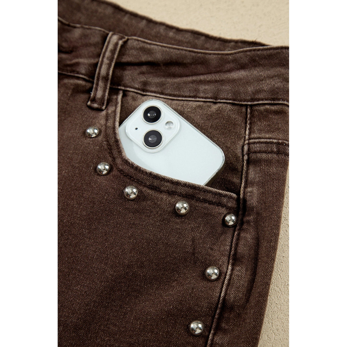 Aiden Coffee Studded Detail Straight Leg Casual Loose Jeans