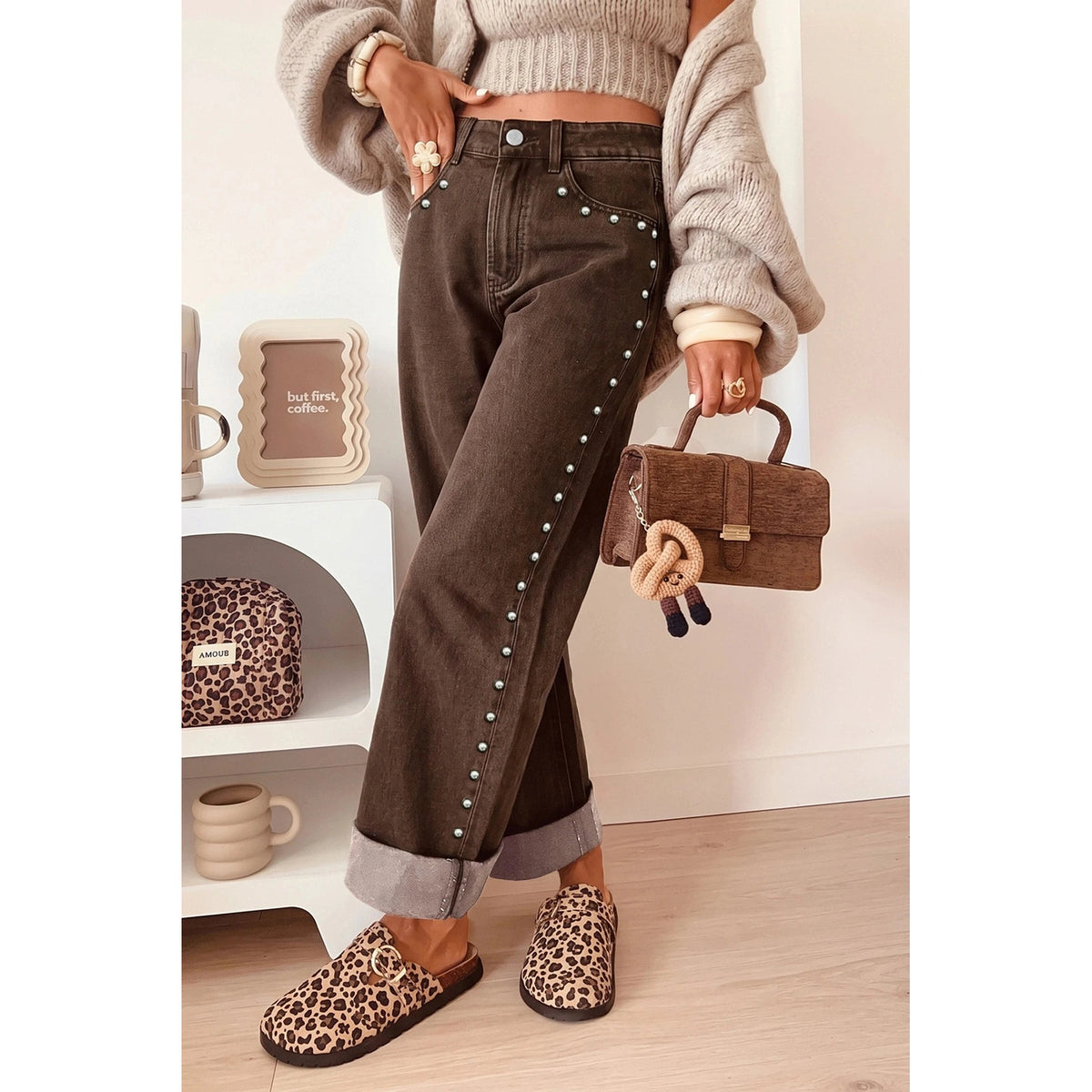Aiden Coffee Studded Detail Straight Leg Casual Loose Jeans