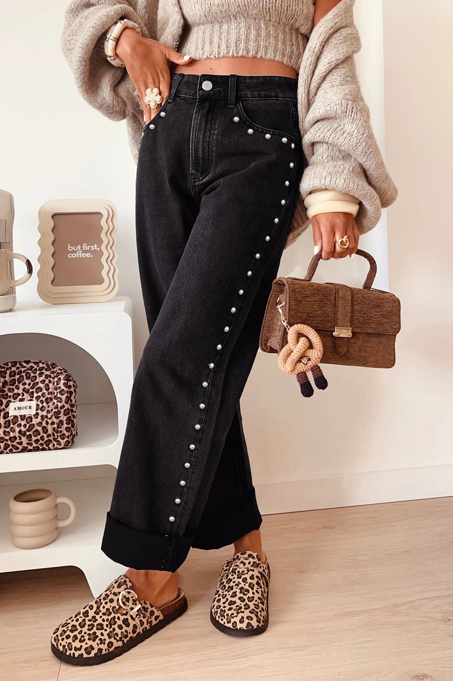 Aiden Black Studded Detail Straight Leg Casual Loose Jeans