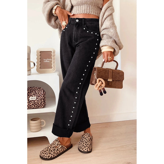 Aiden Black Studded Detail Straight Leg Casual Loose Jeans