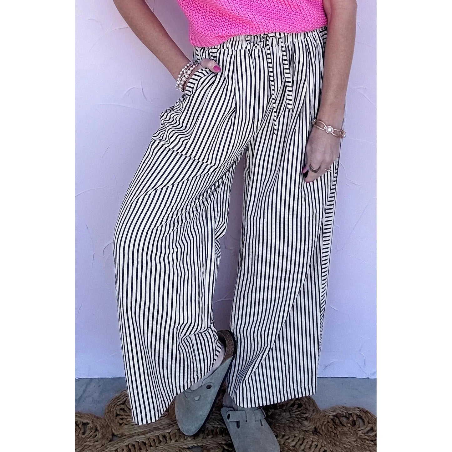 Albie Black Stripe Wide Leg Casual Pants