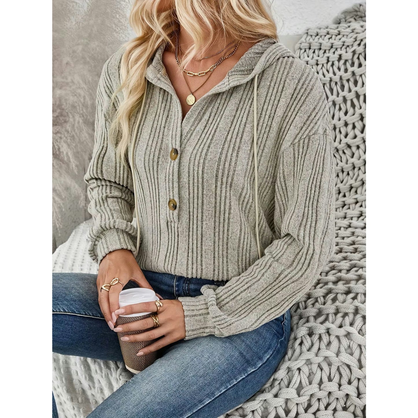 Alec Khaki Loose Fit Ribbed Hoodie