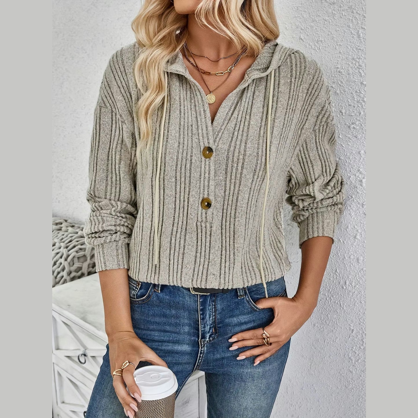 Alec Khaki Loose Fit Ribbed Hoodie