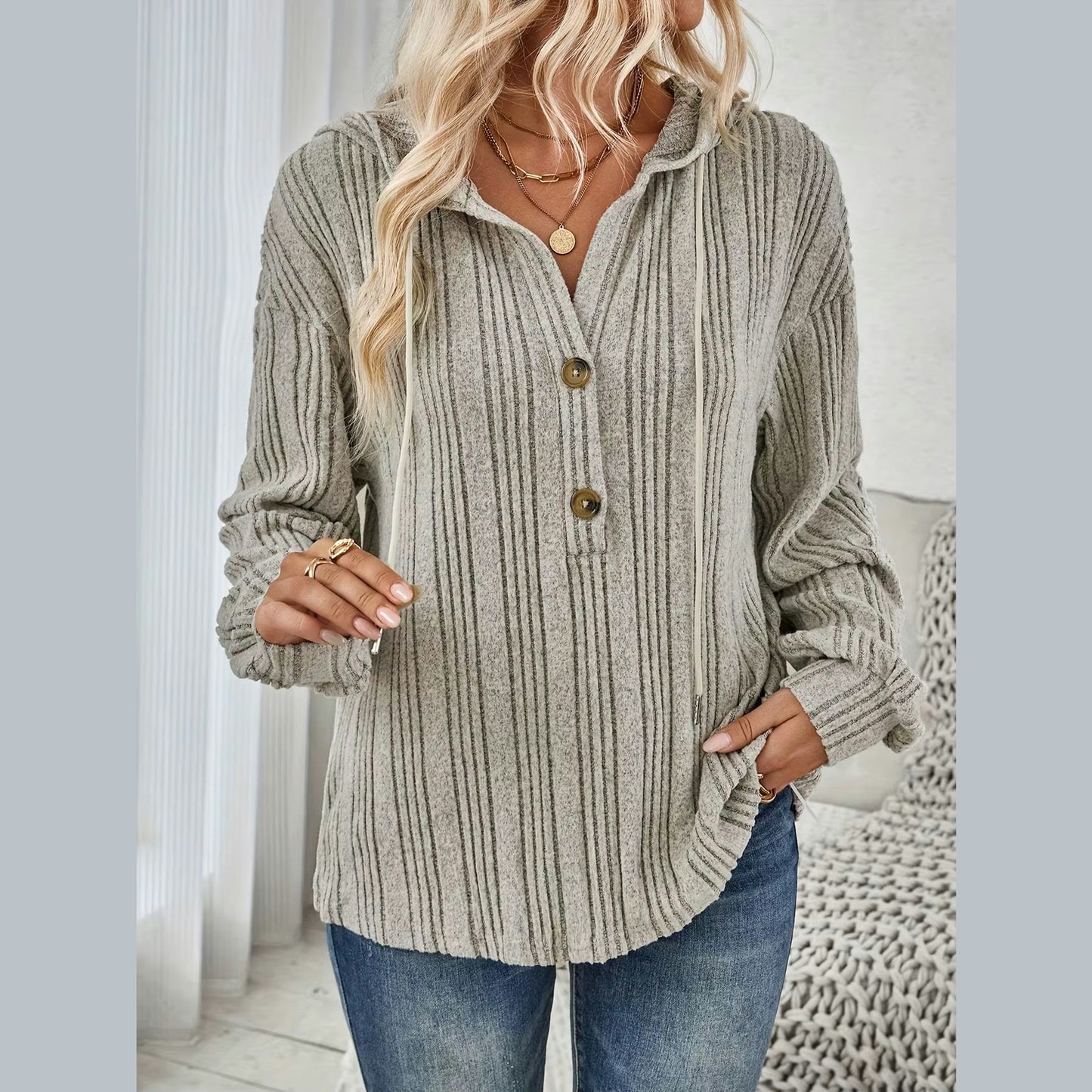 Alec Khaki Loose Fit Ribbed Hoodie