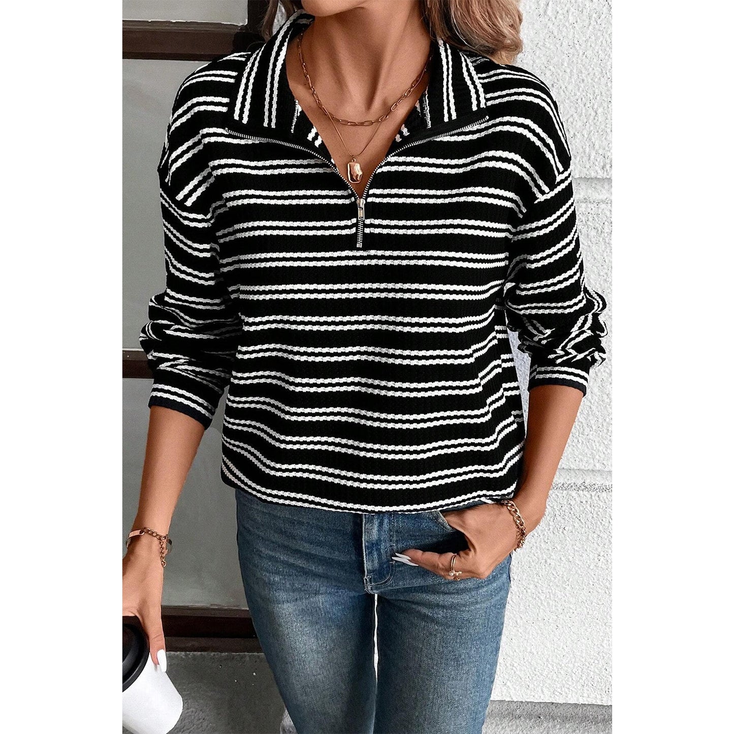 Alecia Black Stripe Textured Quarter Zip Collar Long Sleeve Top