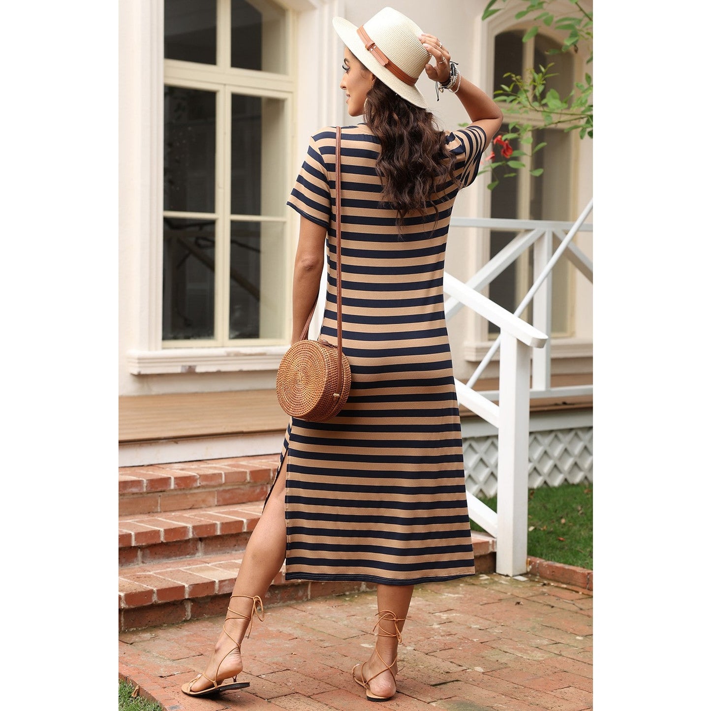 Alecia Black Stripe Print V Neck Maxi Dress with Side Splits