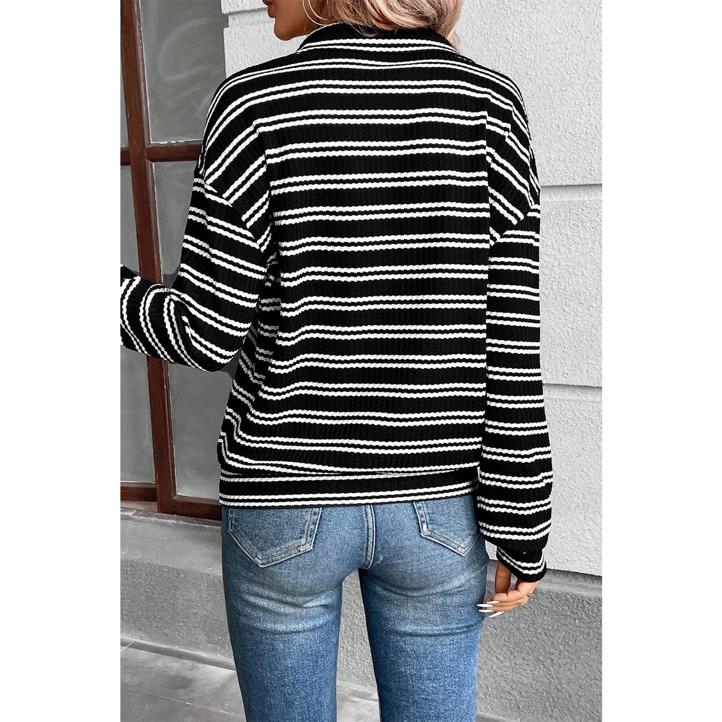 Alecia Black Stripe Textured Quarter Zip Collar Long Sleeve Top