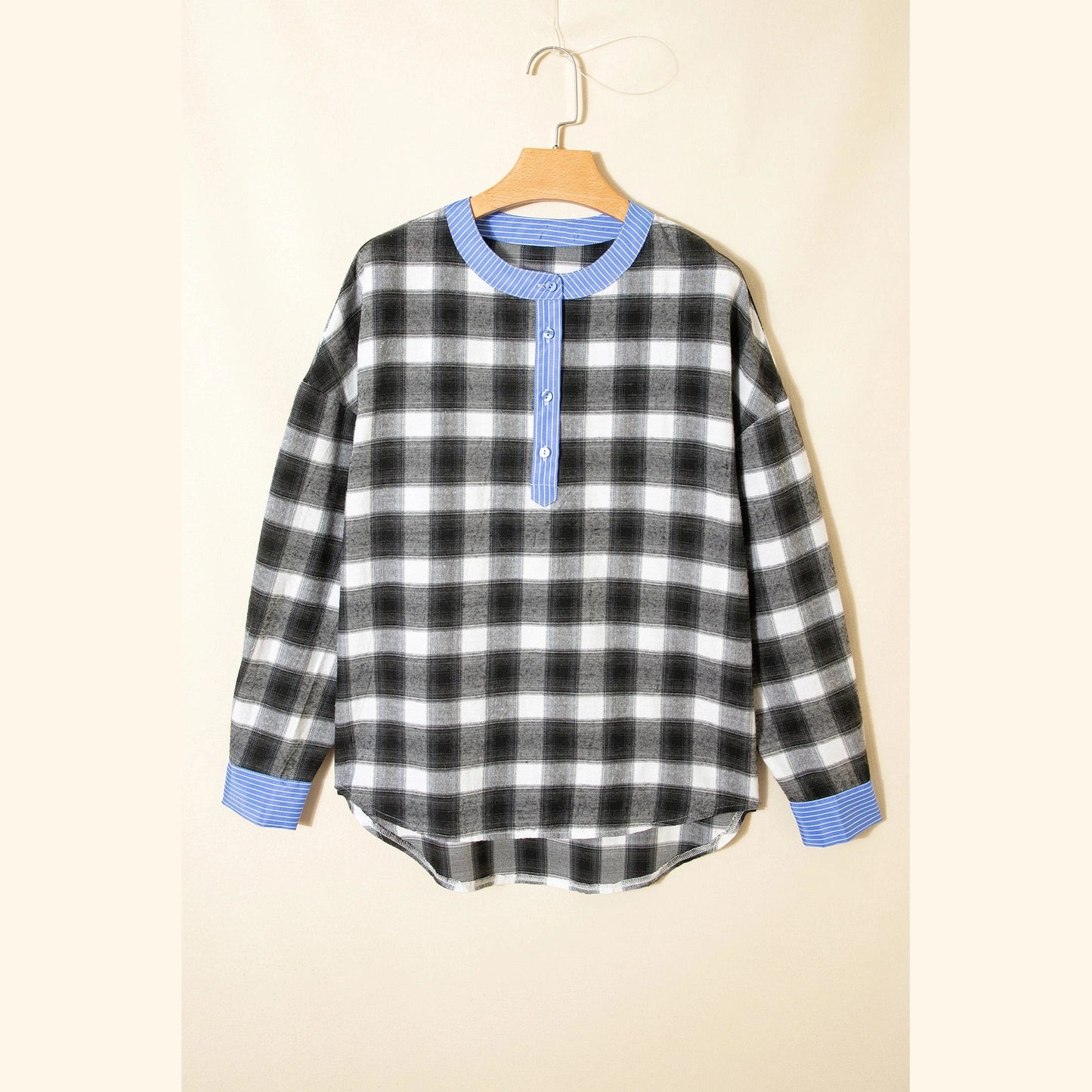 Alee Black Contrast Striped Edge Half Placket Plaid Blouse