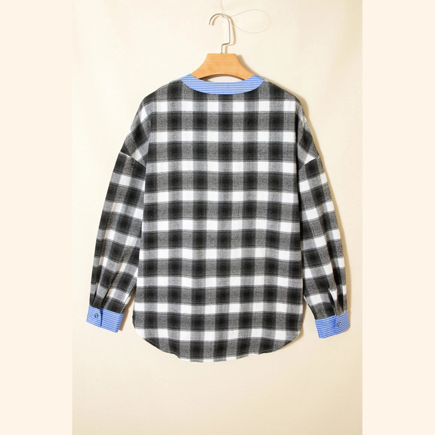 Alee Black Contrast Striped Edge Half Placket Plaid Blouse