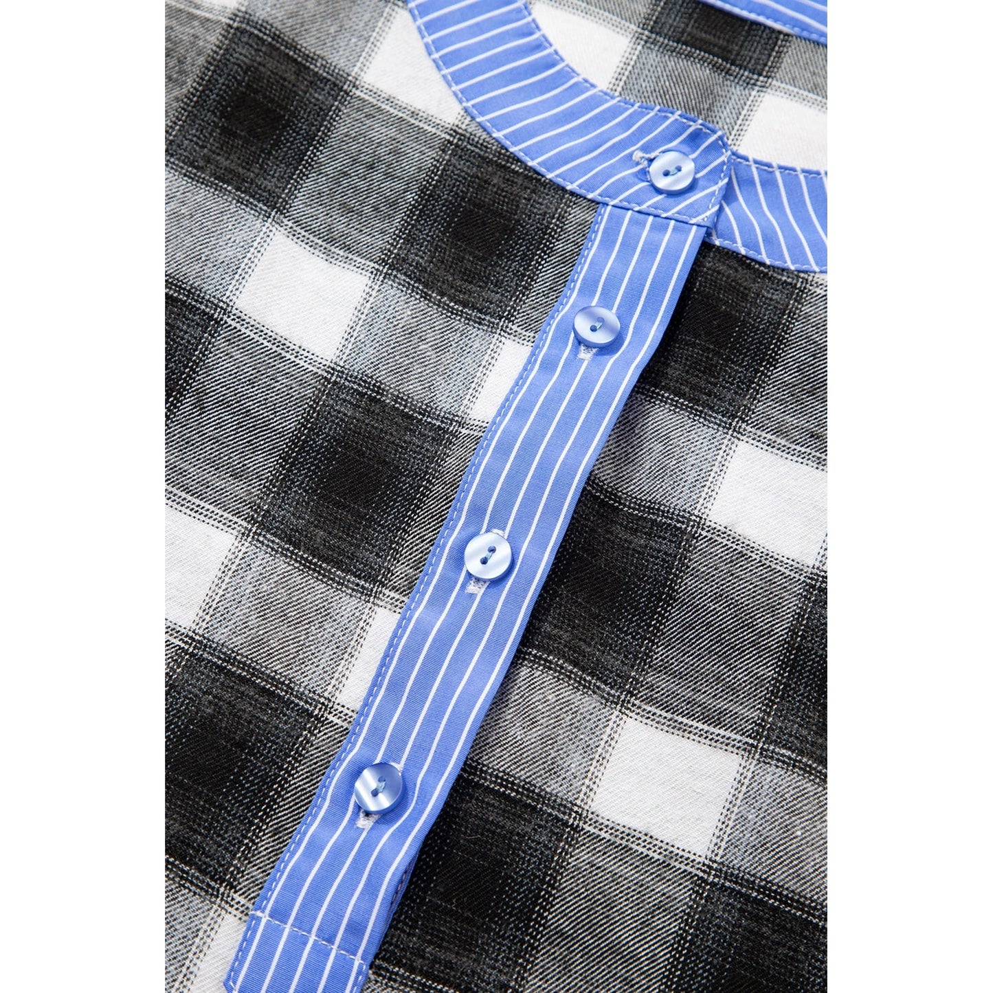 Alee Black Contrast Striped Edge Half Placket Plaid Blouse