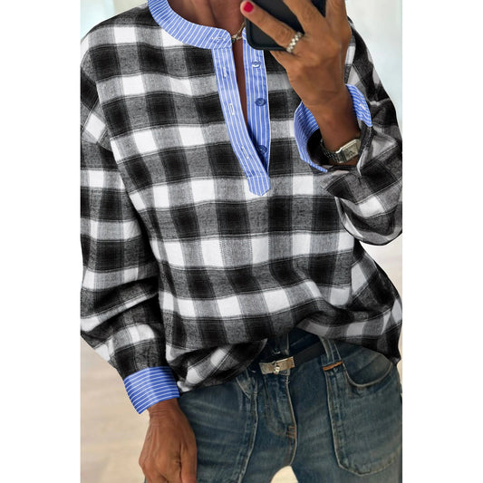 Alee Black Contrast Striped Edge Half Placket Plaid Blouse